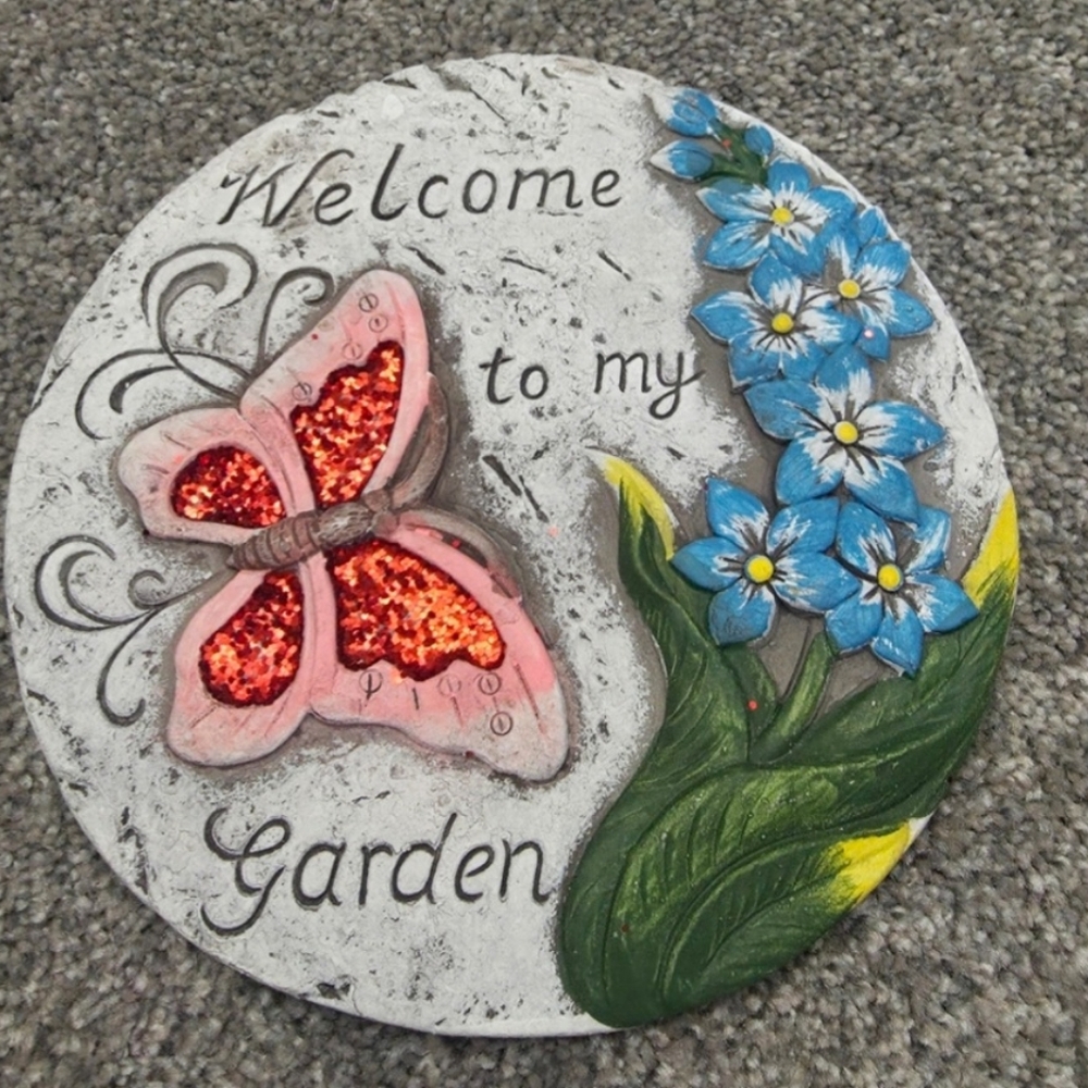 Charming Garden Plaque with Pink Butterfly and Blue Flowers